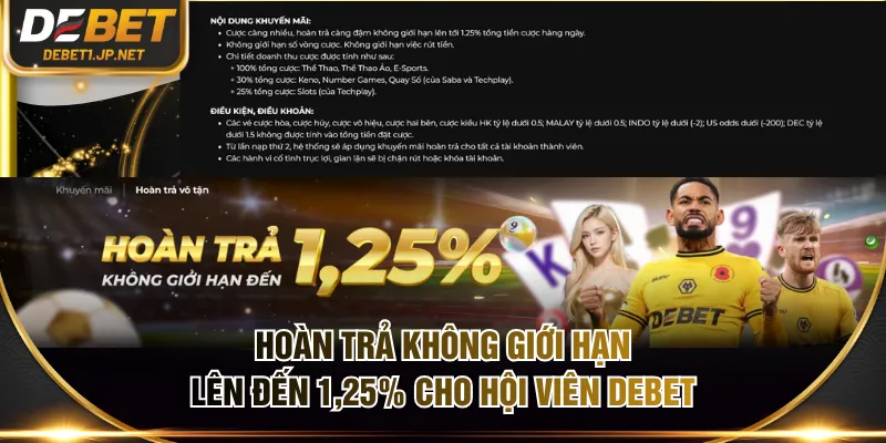 Hoàn trả không giới hạn lên đến 1,25% cho hội viên DEBET