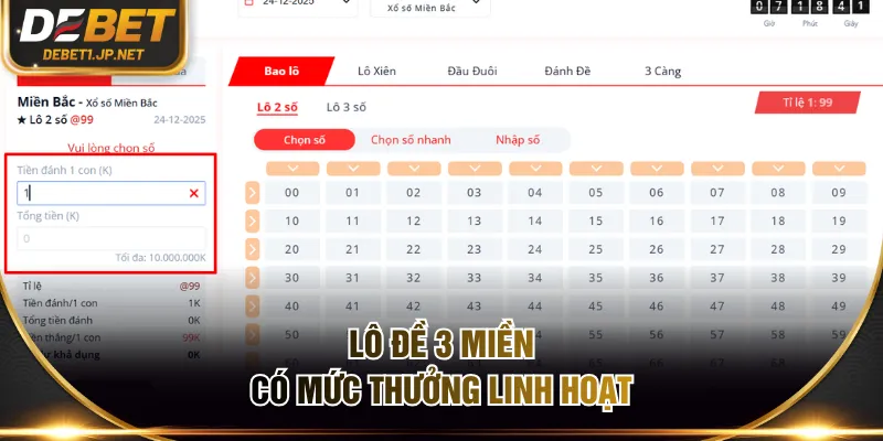 Lô đề 3 miền có mức thưởng linh hoạt